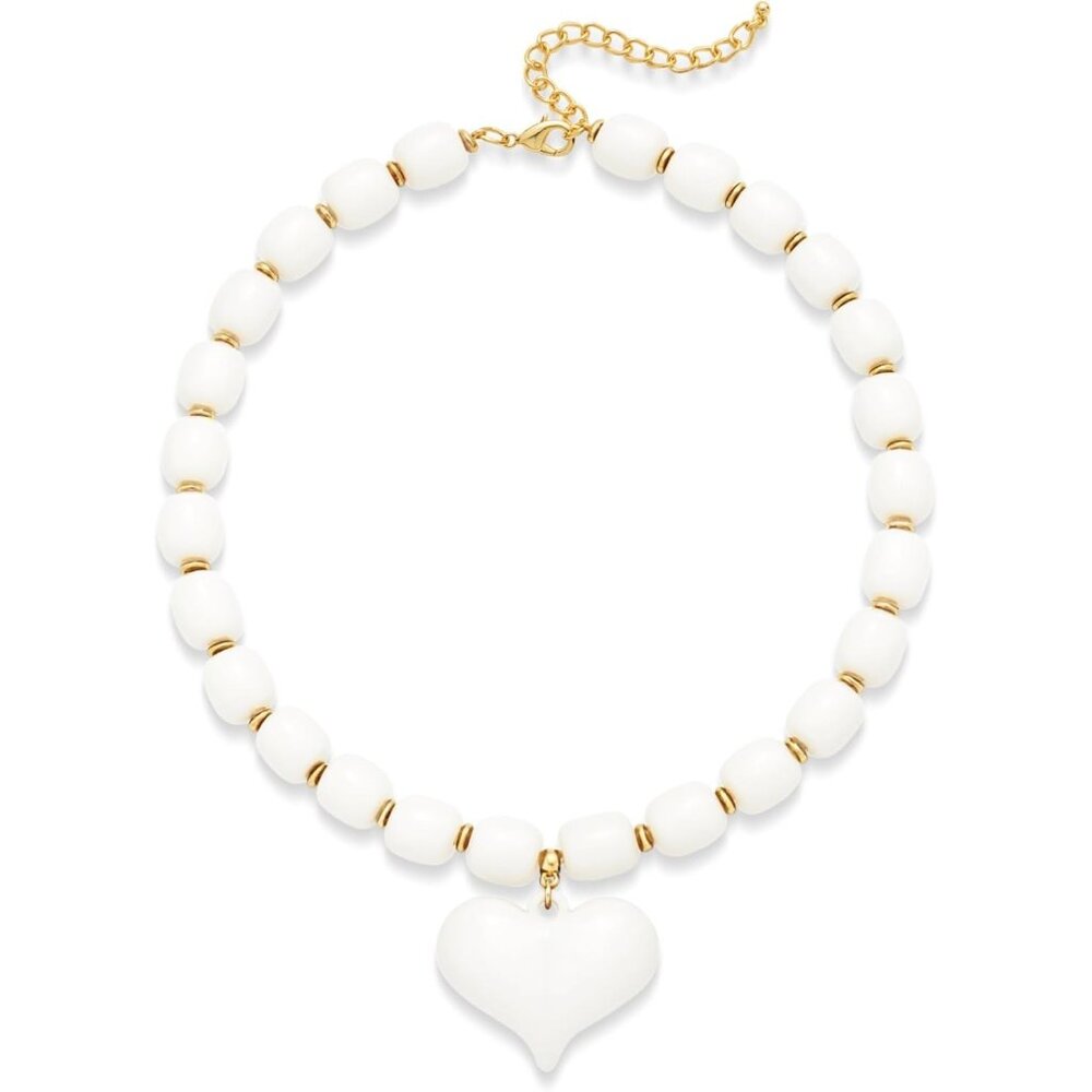 Women's Chunky Puff White Heart Penadnt Acrylic Beaded Chain Necklace